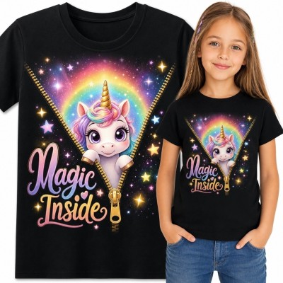 Koszulka dziewczęca z jednorożcem „Magic Inside” - tęcza i magiczny zamek