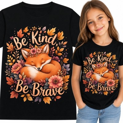 Koszulka dziewczęca ze śpiącym liskiem w kwiatowej koronie i napisem „Be Kind; Be Brave”
