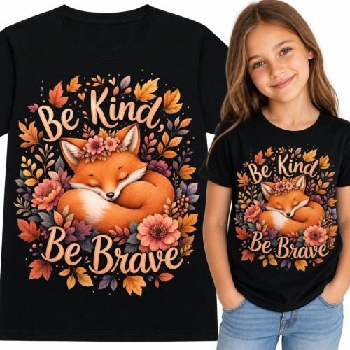 Koszulka dziewczęca ze śpiącym liskiem w kwiatowej koronie i napisem „Be Kind; Be Brave”