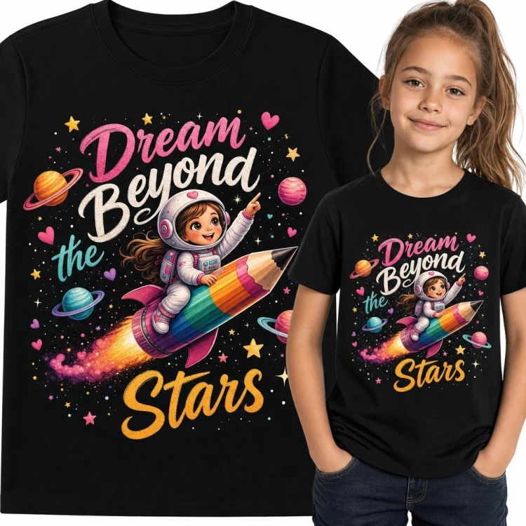 Koszulka dziewczęca z astronautką na tęczowej rakiecie w kształcie ołówka - „Dream Beyond the Stars”
