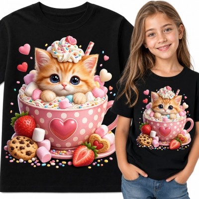 Koszulka dziewczęca z rudym kotkiem w kubku - słodki motyw kawaii