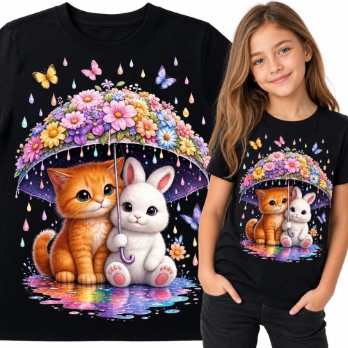 Koszulka dziewczęca z kotkiem i króliczkiem pod kwiatowym parasolem - bajkowy motyw