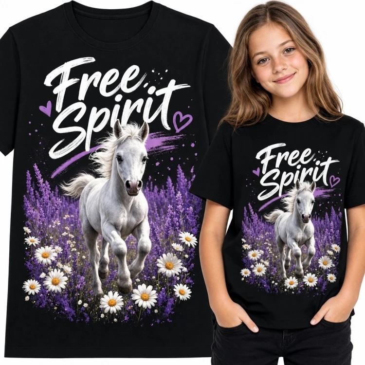 Koszulka dziewczęca z białym koniem „Free Spirit” - fioletowa kwietna łąka