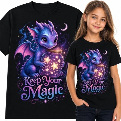 Koszulka dziewczęca ze smokiem i napisem „Keep Your Magic” - magiczny słoik gwiazd