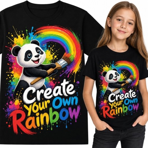 Koszulka dziewczęca z pandą malującą tęczę - „Create Your Own Rainbow”