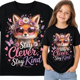 Koszulka dziewczęca z liskiem w różowych okularach i kwiatowej koronie „Stay Clever, Stay Kind”