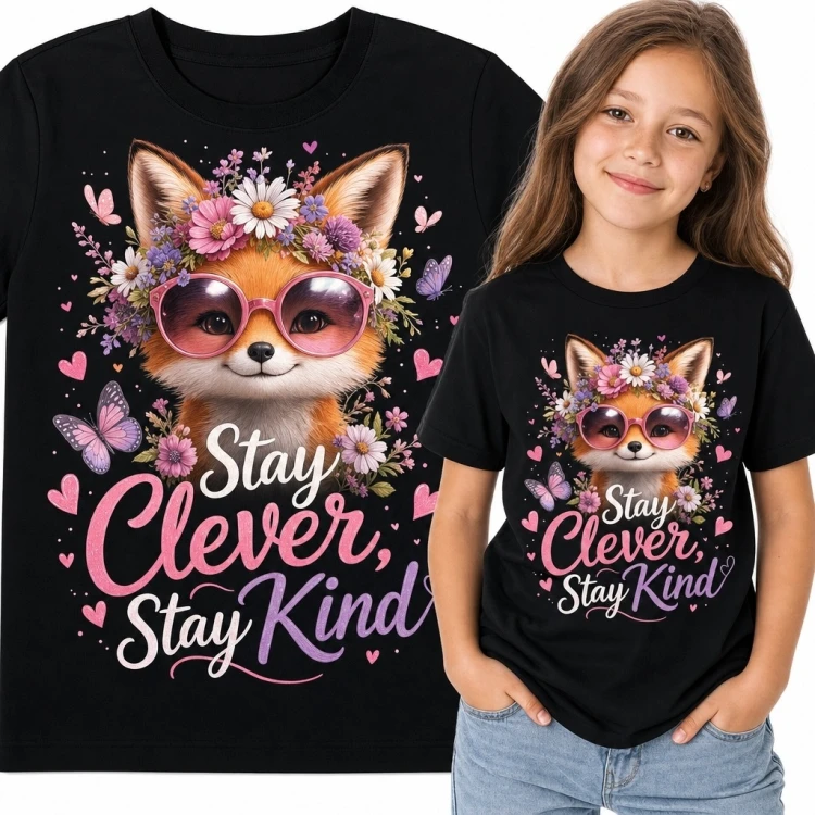 Koszulka dziewczęca z liskiem w różowych okularach i kwiatowej koronie „Stay Clever, Stay Kind”