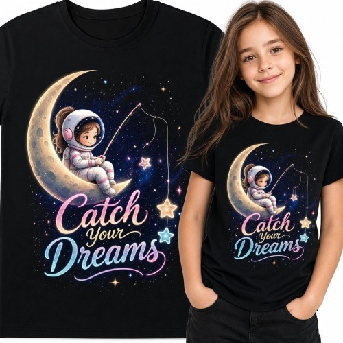 Koszulka dziewczęca z astronautką i napisem „Catch your Dreams” - księżyc i gwiazdy