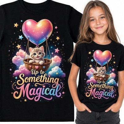Koszulka dziewczęca z kotkiem pod tęczowym balonem-sercem i napisem „Up to Something Magical”