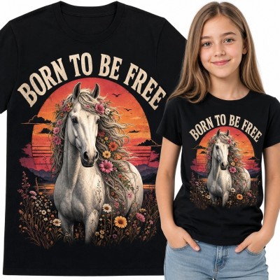 Koszulka dziewczęca z białym koniem „Born to be free” - kwiatowy motyw retro