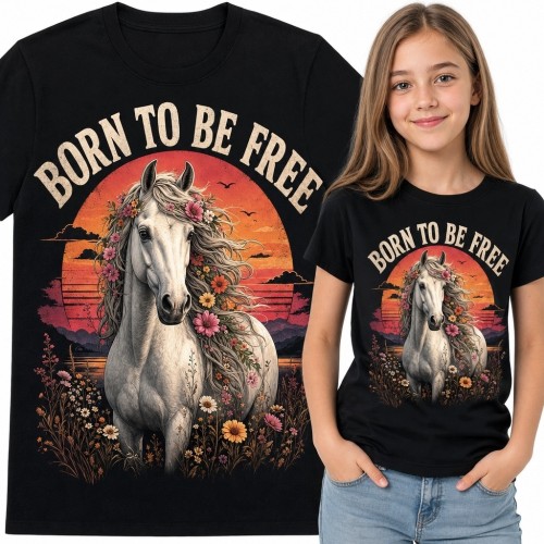 Koszulka dziewczęca z białym koniem „Born to be free” - kwiatowy motyw retro