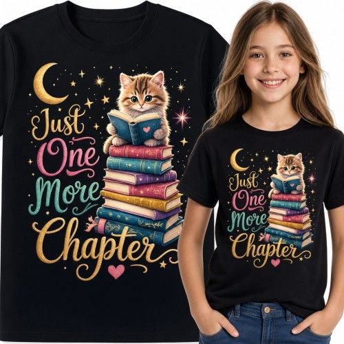 Koszulka dziewczęca z kotkiem i książkami „Just One More Chapter” - baśniowy wzór dla czytelniczki