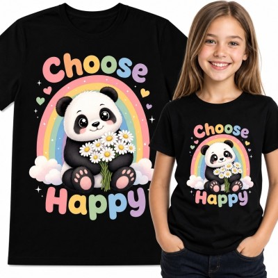 Koszulka dziewczęca z pandą i tęczą „Choose Happy” - pastelowy wzór kawaii