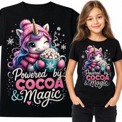 Koszulka dziewczęca z jednorożcem i kakao „Powered by Cocoa &amp; Magic” - zimowy wzór