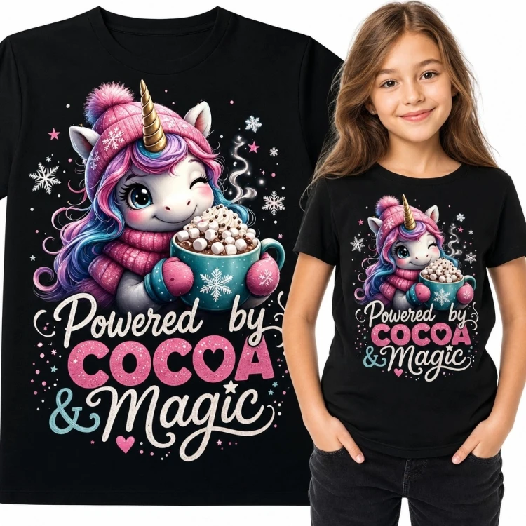 Koszulka dziewczęca z jednorożcem i kakao „Powered by Cocoa &amp; Magic” - zimowy wzór