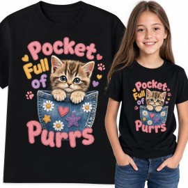 Koszulka dziewczęca z kotkiem w graficznej kieszeni „Pocket Full of Purrs” - kolorowy nadruk