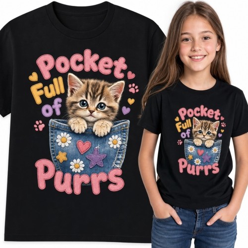 Koszulka dziewczęca z kotkiem w graficznej kieszeni „Pocket Full of Purrs” - kolorowy nadruk