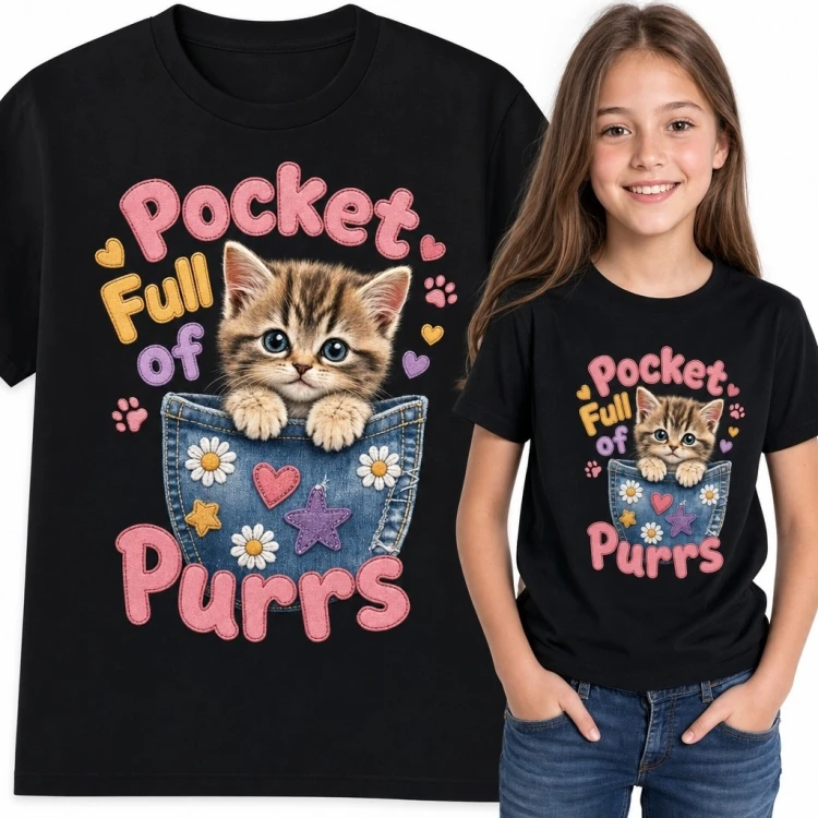 Koszulka dziewczęca z kotkiem w graficznej kieszeni „Pocket Full of Purrs” - kolorowy nadruk