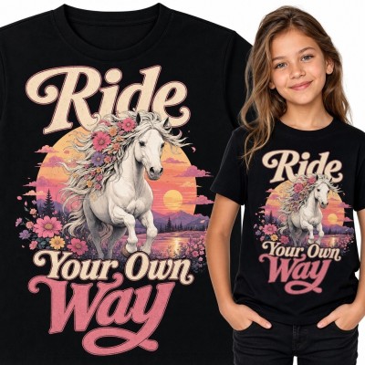 Koszulka dziewczęca z koniem i kwiatami oraz napisem „Ride Your Own Way” - retro western